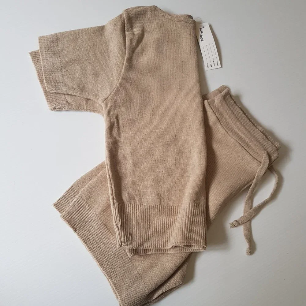 Beige Knit Short And Tee Set Soft Stretch Shorts And T-shirt Coordinates - Picture 12 of 15
